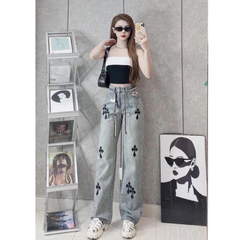 Quần jean nữ ống rộng MELINA tặng kèm dây jean ống suông màu xám khói thêu chữ thập đen size S M L 1459