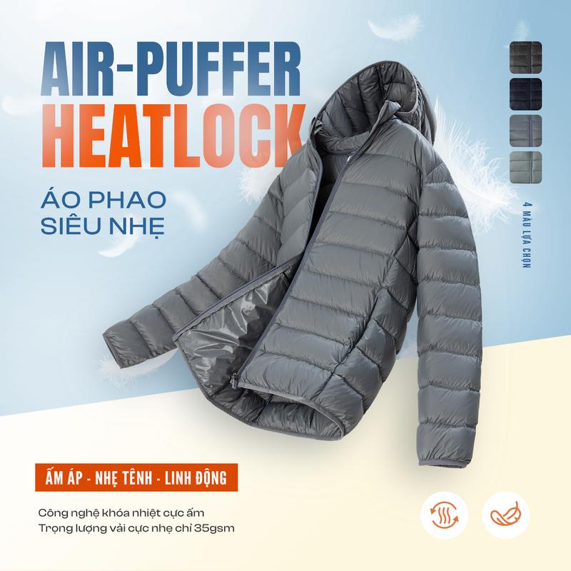  Áo Khoác Phao Nam Siêu Nhẹ Air-PUFFER HEATLOCK 5S FASHION Có Mũ Tháo Rời Trơn Basic M0APH25011 