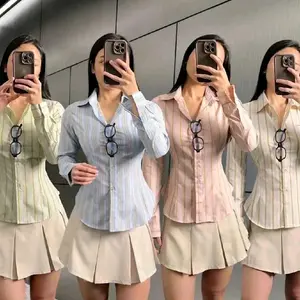 [ PAKET HEMAT ] 3pcs - 100rb | Kemeja Money Wanita Fit Body Karet Belakang | Fitted Shirt Stripe | Baju Atasan Casual Katun Panjang Cewek