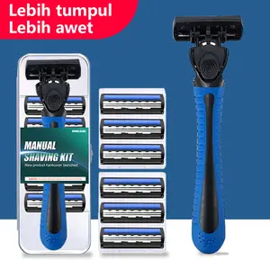 Alat Cukur Manual Pria Pengaman Cukur Cukur Jenggot Wajah 1 Dudukan + 6 Pisau + 1 Kotak Cukur