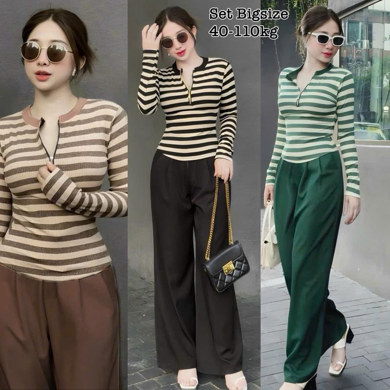 Thời Trang Bigsize - Set Bộ Tay Dài Thun Tăm Bigsize Body Sọc Ngang Che Giấu Bụng Hot Hit Áo cổ tròn có khóa kéo mix Quần Đũi Vân Mây Nữ Chuppy Cao Cấp Xinh Đẹp Sang Trọng Dễ Thương Giá Rẻ 40-120kg 2510 Én Nhỏ Có Bigsize Nhung Đen Voi Kem