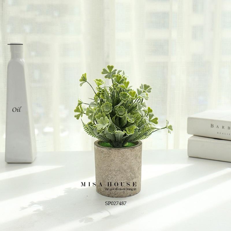 Chậu cây xanh giả để bàn mini nhỏ xám để bàn trang trí tủ kệ nhà văn phòng cửa hàng - đồ decor trang trí phòng khách phòng ngủ bàn học bàn làm việc đẹp độc đáo Misa House decor 4