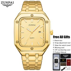 ZUNPAI Men's Watch Stainless Steel Waterproof Luminous Watches Mens Gold Watches Luxury Calendar Stainless Steel Rectangular Business Watch for Men
