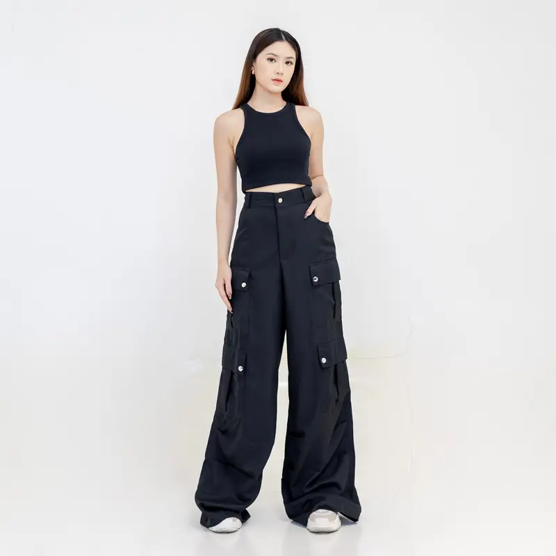 Georgios Women | Aline Pants Vol 2 | Celana Panjang Cargo Korean Wanita Kekinian High Waist Casual Cewek Dewasa Hitam Loose Karet Baggy 4