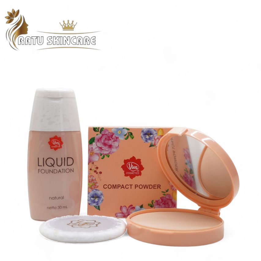 Paket 2in1 Viva Compact Powder Natural & Liquid Foundation 30ml - Bedak Compact Padat Ringan Halus dan Alas Bedak