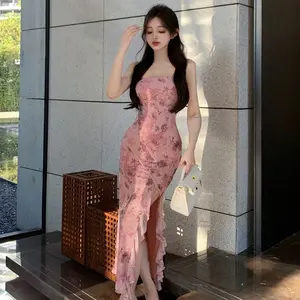 7886 korean pink flowers dress wanita party floral midi dress casual  bodycon off shoulder sleeveless dress pantai formal