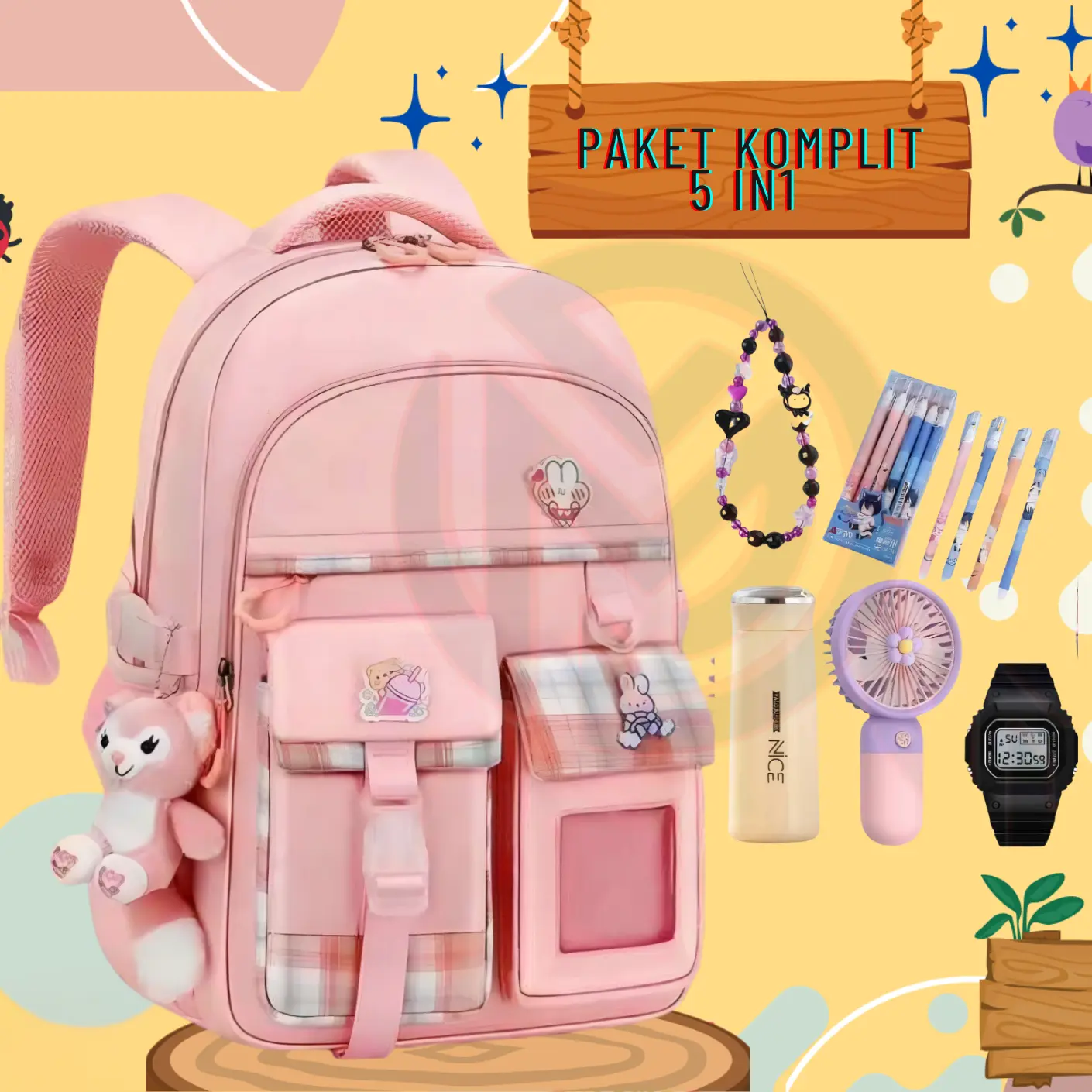 Tas Ransel Sekolah Anak SD SMP SMA Korea dengan Boneka dan Pin Hiasan Ukuran Besar - Fashion