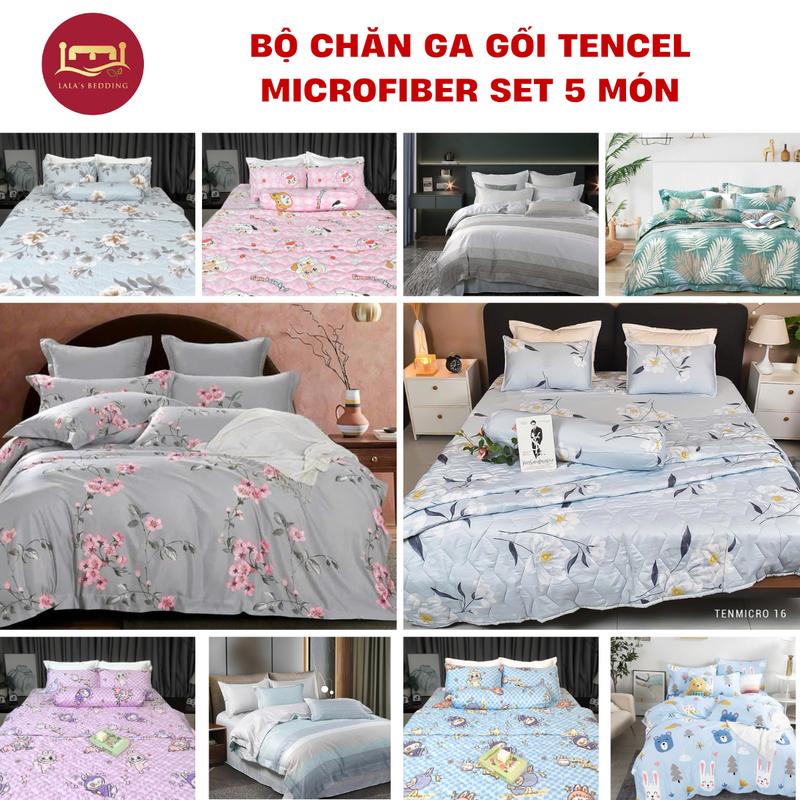  Bộ Chăn Ga Gối Tencel Microfiber Set 5 Món Mềm Mịn Mượt Mát 2 Vỏ Gối Nằm 1 Vỏ Gối Ôm 1 Ga Giường Bo Chun Toàn Viền 1 Chăn 190cmx220cm Chần Gòn bộ chăn ga gối nệm mùa đông 