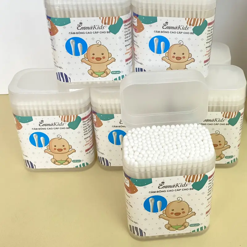 Tăm Bông Cao Cấp Cho Bé Emmakids 2 Đầu Tiện Lợi - Hộp 200 Que và 400 Quen Thân Giấy An Toàn Cho Bé 4