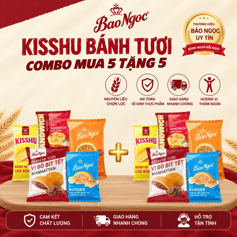 Mua 5 Bánh Nhân Mặn Tặng 5 Bánh Nhân Mặn Nhân Chà Bông, Nhân Thịt Gà, Nhân Thịt Bò, Bánh Mì Bảo Ngọc, Dinh Dưỡng, Thơm Ngon