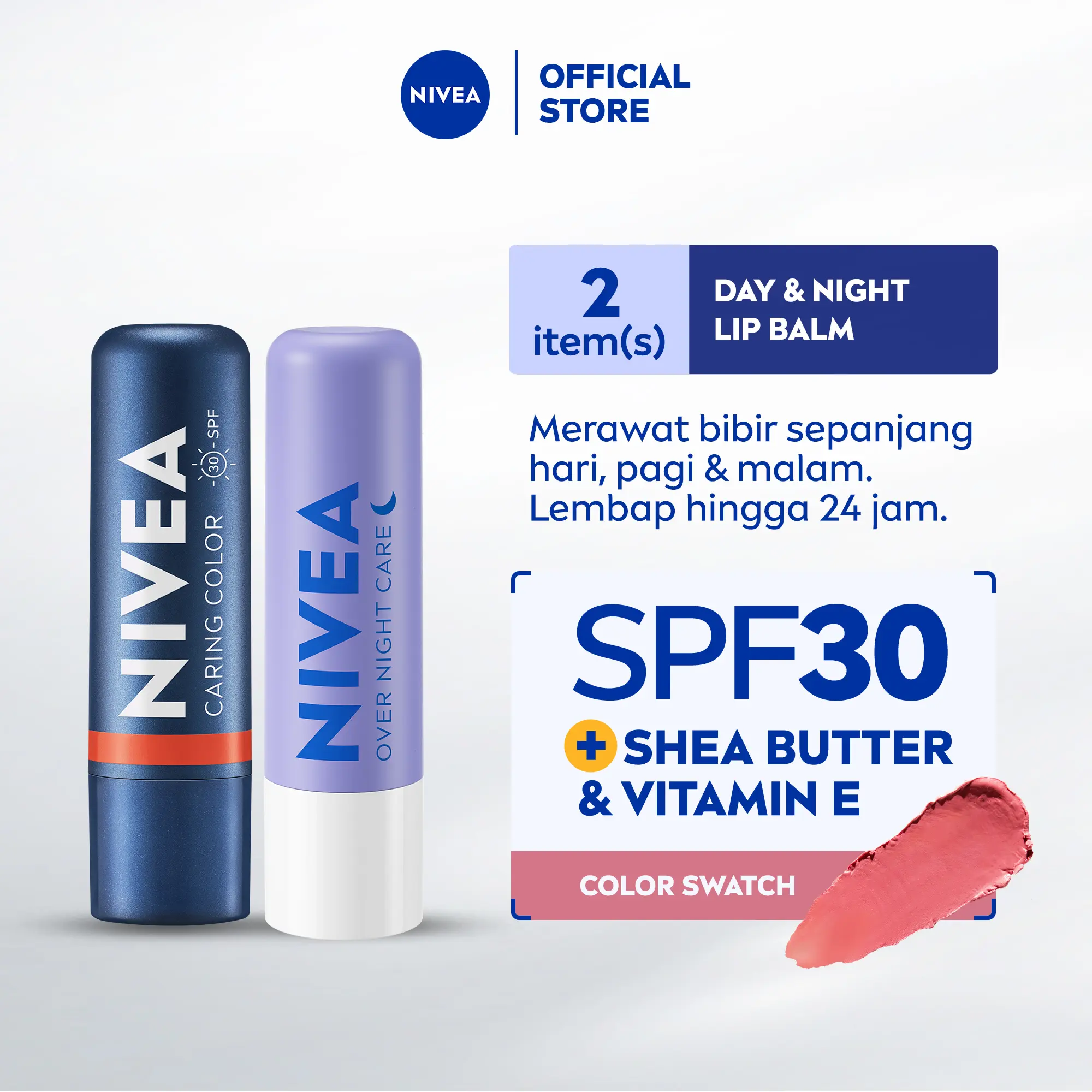 NIVEA Lip Care Mix Pack - Lip Balm Day Caring Color Coral with Sun Protect SPF30 & Lip Balm Overnight Care 4.8gr - Melembapkan dan merawat bibir di pagi dan malam hari 24 jam