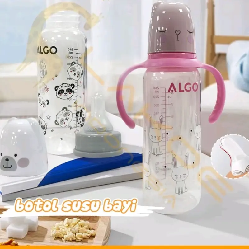 Botol Susu Bayi Algo Newborn Karakter Boneka 60ml tanpa gagang,botol susu 120 ml & 240ml dengan gagang 0-3 bln, 3-6  Bulan BPA Free - Botol Susu Dot Standar Bottle - Minum kempong botolsusu Pink Biru 8