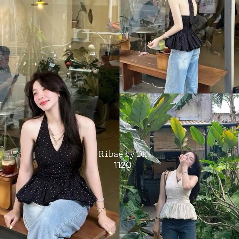 Áo Yếm Chấm Bi Có ĐỆM MÚT Form Bí Phồng 3 màu Kem,Be,Đen-Dành Cho Nữ