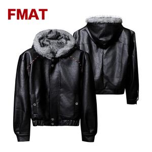 FMAT メンズ ジャケット 秋冬 アメリカンレトロ風 ファー付きフード付き PUレザージャケット