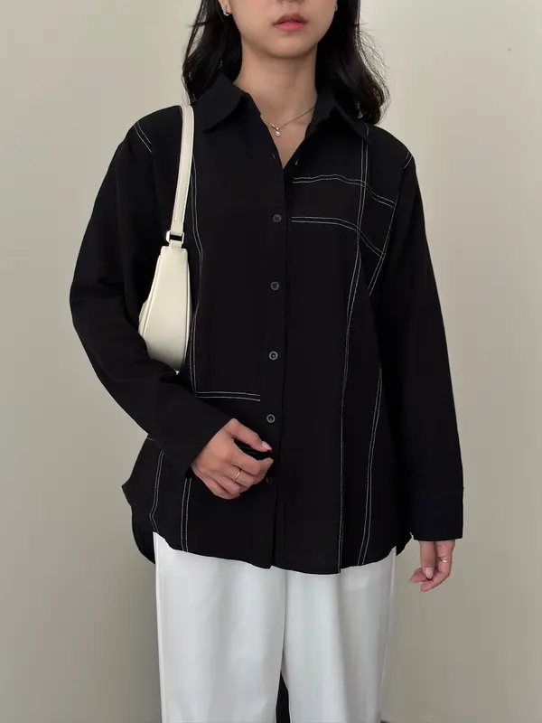 ASOKA Twila Shirt 2289 - Contrast Stitching Oversize Blouse Long Sleeve - Atasan Wanita Kemeja Kasual Linen Baju Panjang 2