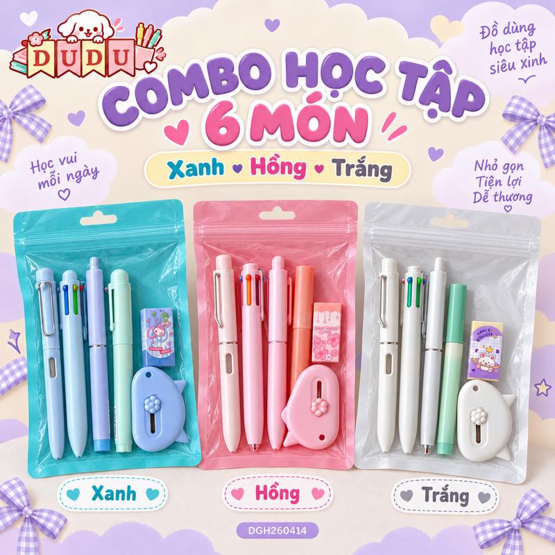 Set 6 Dụng Cụ Học Tập DUDU Bút Gel Gôm Tẩy Bút Chì Dụng Cụ Dọc Giấy Bút Highlight Bút Chì Bút Bi Nhiều Ngòi Tiện Lợi DGH260414 DC1
