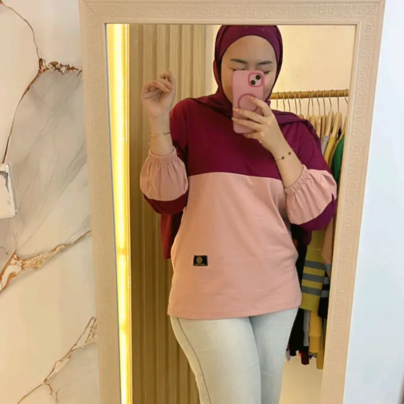 Ayessa Shop T-shirt Atasan Kaos Wanita Lengan Panjang Kerut Kombinasi Bahan katun Combeds nyaman enak dipakai 2