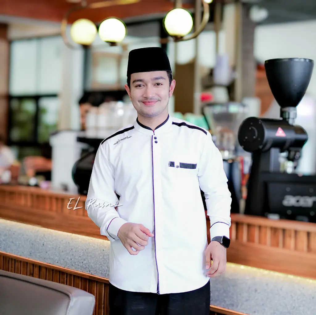 Baju Koko Kemeja Pria Lengan Panjang El Rumi Motif Yisunsin Muslim Dewasa - Katun Toyobo Atasan Putih