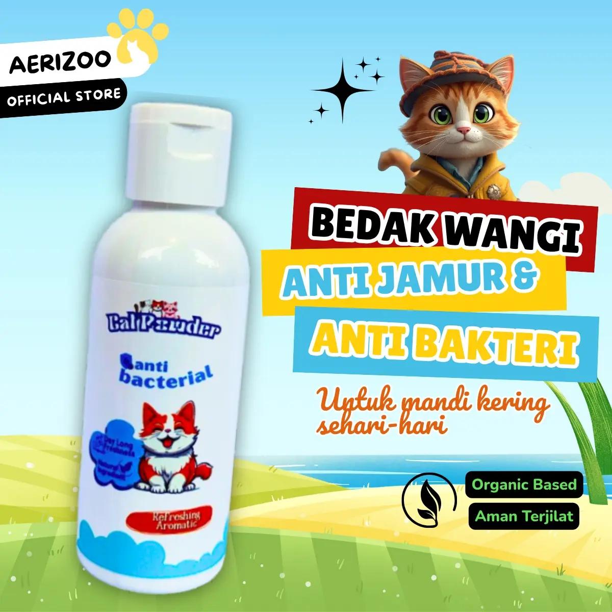 Pengharum Bulu Kucing Tabur 50gr Bulu Wangi Anti Jamur Lepek dan Bakteri Aerizoo cairan 24 bulan