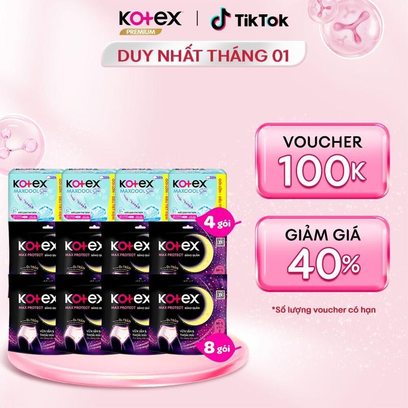QUÀ TẶNG HOT Combo 4 gói băng vệ sinh nữ Maxcool French Spa siêu mỏng cánh 23cm 20 miếng gói + combo 8 gói BVS Kotex Ban Đêm dạng quần cỡ M L 2 miếng gói khô thoáng thấm hút nhanh chống tràn khử mùi bvs kinh nguyệt nhiều bvs chính hãng tampon