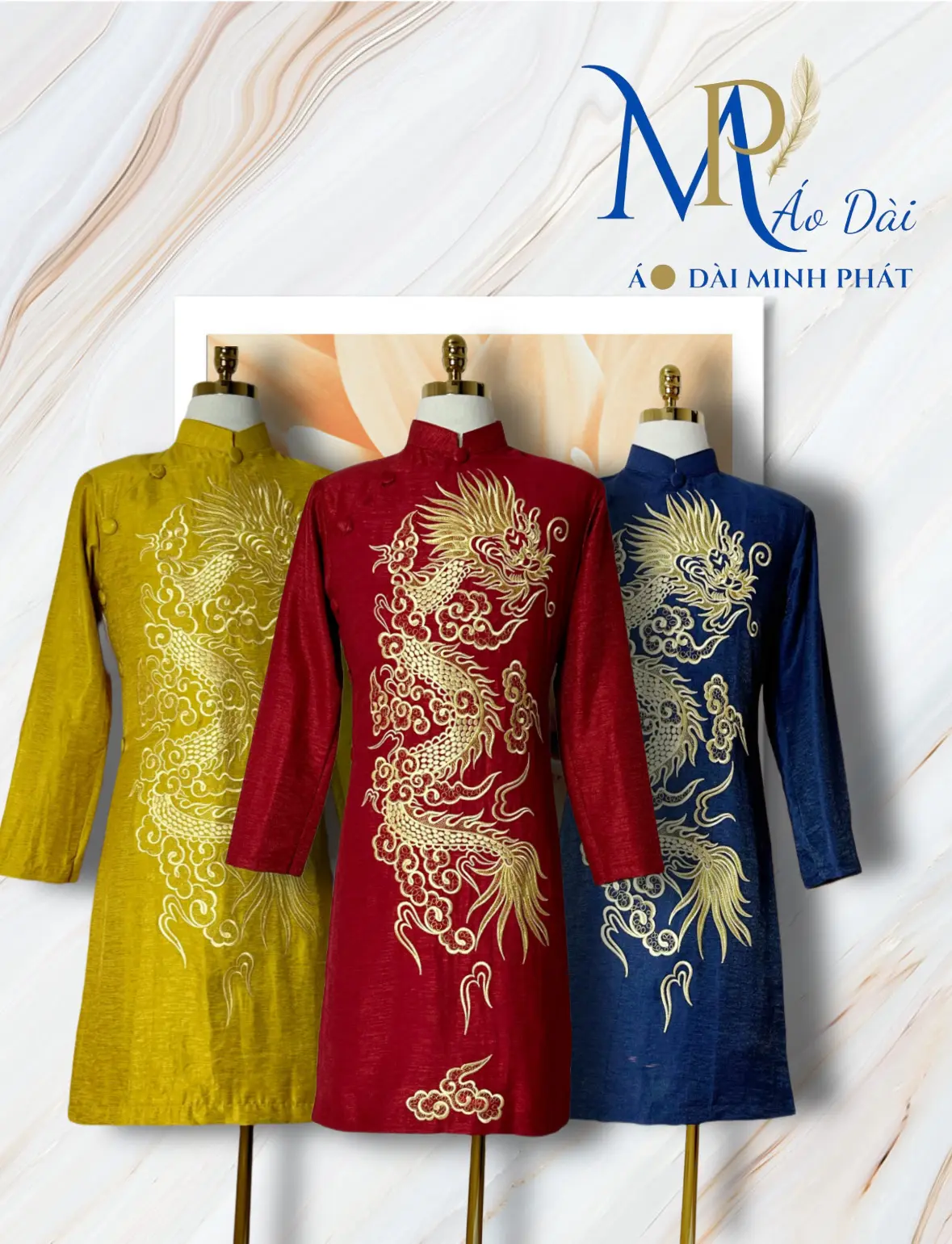 Áo Dài Cách Tân Nam chất liệu Taffta Kim Cương Thêu Rồng Vàng Menswear