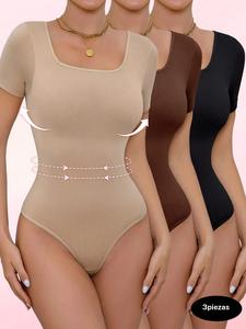 Conjunto de body moldeador sin costuras para mujer, con control del abdomen y manga corta, estilo minimalista para todas las estaciones