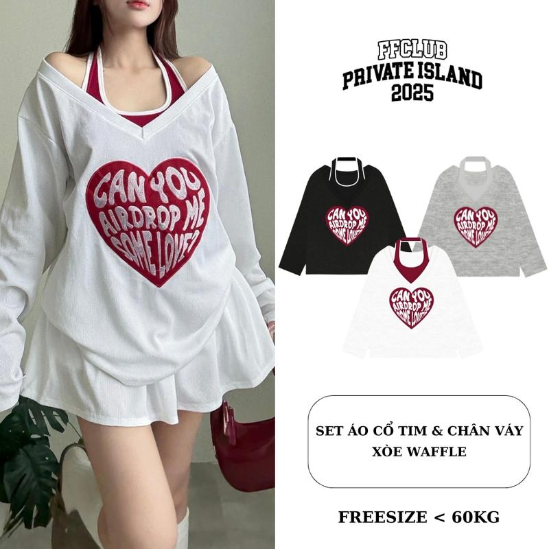   CÓ TÁCH SET  ÁO WAFFLE TAY DÀI CỔ TIM FORM RỘNG THÊU LOGO AIR DROP & CHÂN VÁY XÒE WAFFLE BỒNG BỀNH - FRIENDS FOREVER CHÍNH HÃNG 