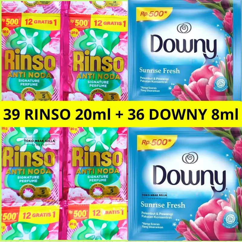 PAKET NYUCI 72-75pcs RINSO + DOWNY Deterjen liduiq pewangi konsentrat rinso 18ml-20ml dan downy 8ml 5