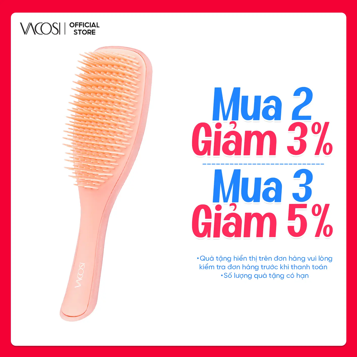 Lược VACOSI C09 - Chải Tóc Ướt, Gỡ Rối, Giảm Gãy Rụng, Răng Lược Sillicone Độc Đáo, Size Lớn Màu Hồng Đào