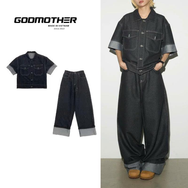  Set Denim On Denim GODMOTHER Bộ Đồ Nam Set 2 Món  Áo + Quần  Cộc tay Form Rộng Phong Cách Trẻ Trung 
