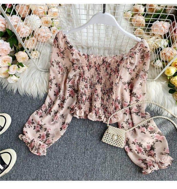Product Introduction of Retro Floral Crop Top for Women Long Sleeve High-waisted Short Blouse Off-shoulder Shirt 14