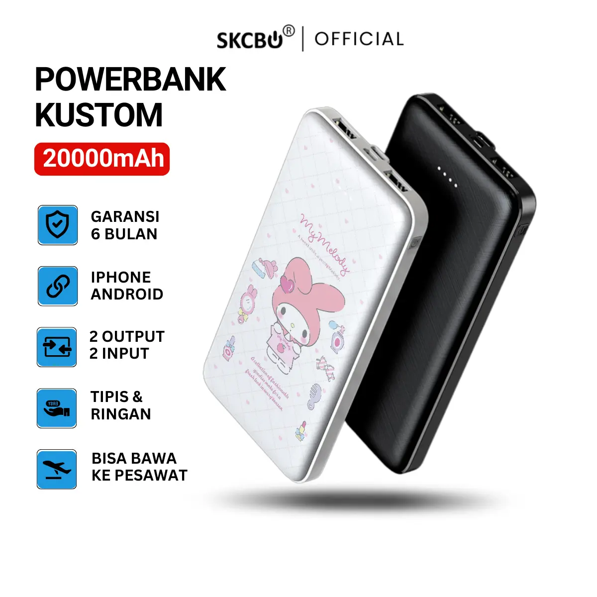 SKCBO Mini Powerbank 20000mAh Custom Power Bank Fast Charging 2 Output For iPhone Semua Ponsel Kabel USB Type C T63 Garansi LED Baterai