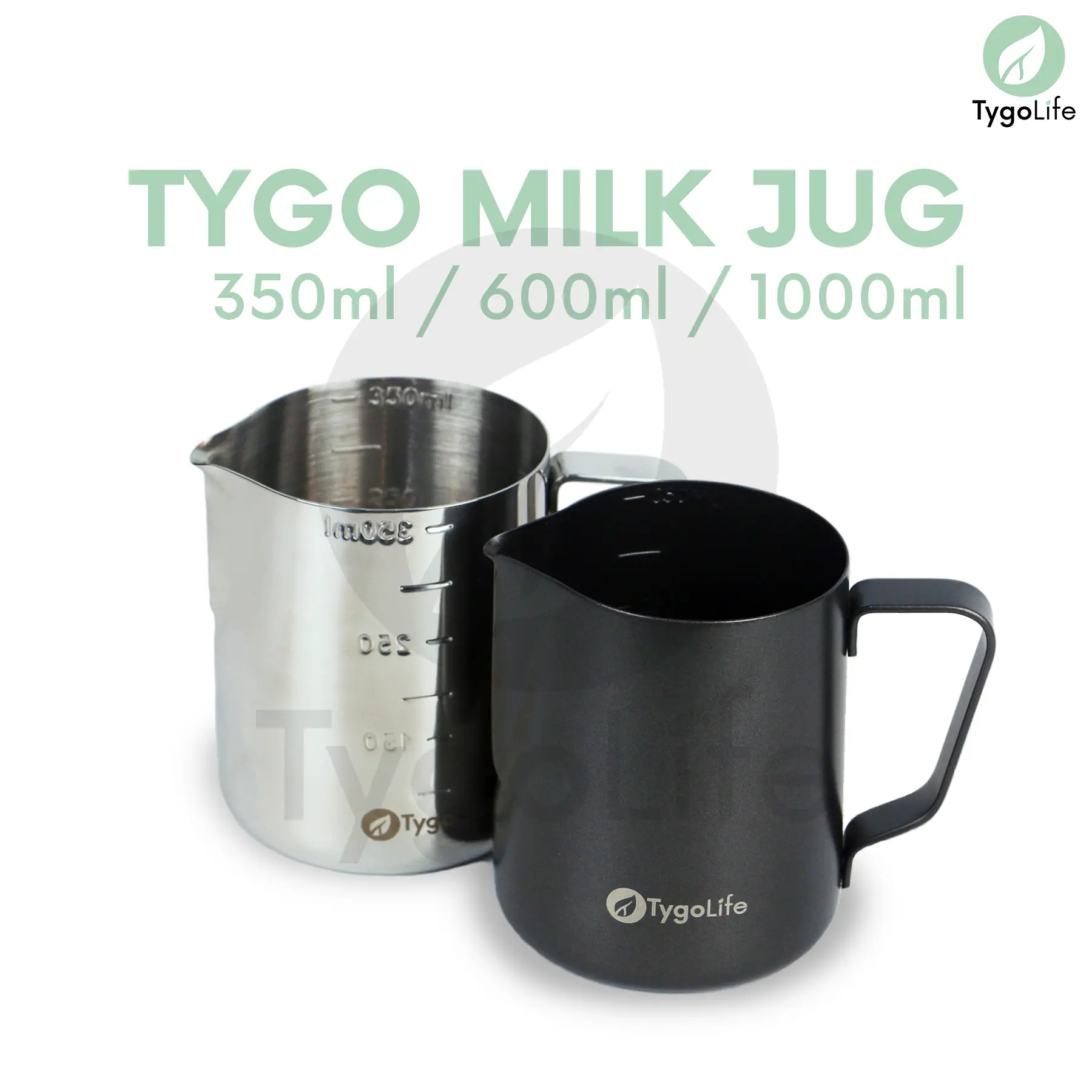 TYGO MILK JUG EMBOS SCALE BARISTA LATTE ART 350ML 600ML 1000ML SILVER BLACK TITANIUM/STAINLESS