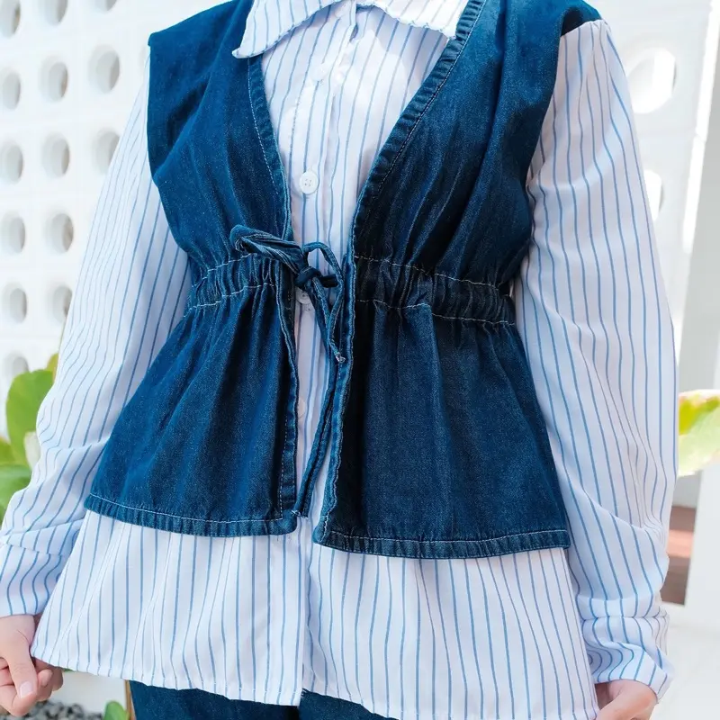 Oneset/setcel jeans wash tali serut mix katun zara setcel wanita denim 4