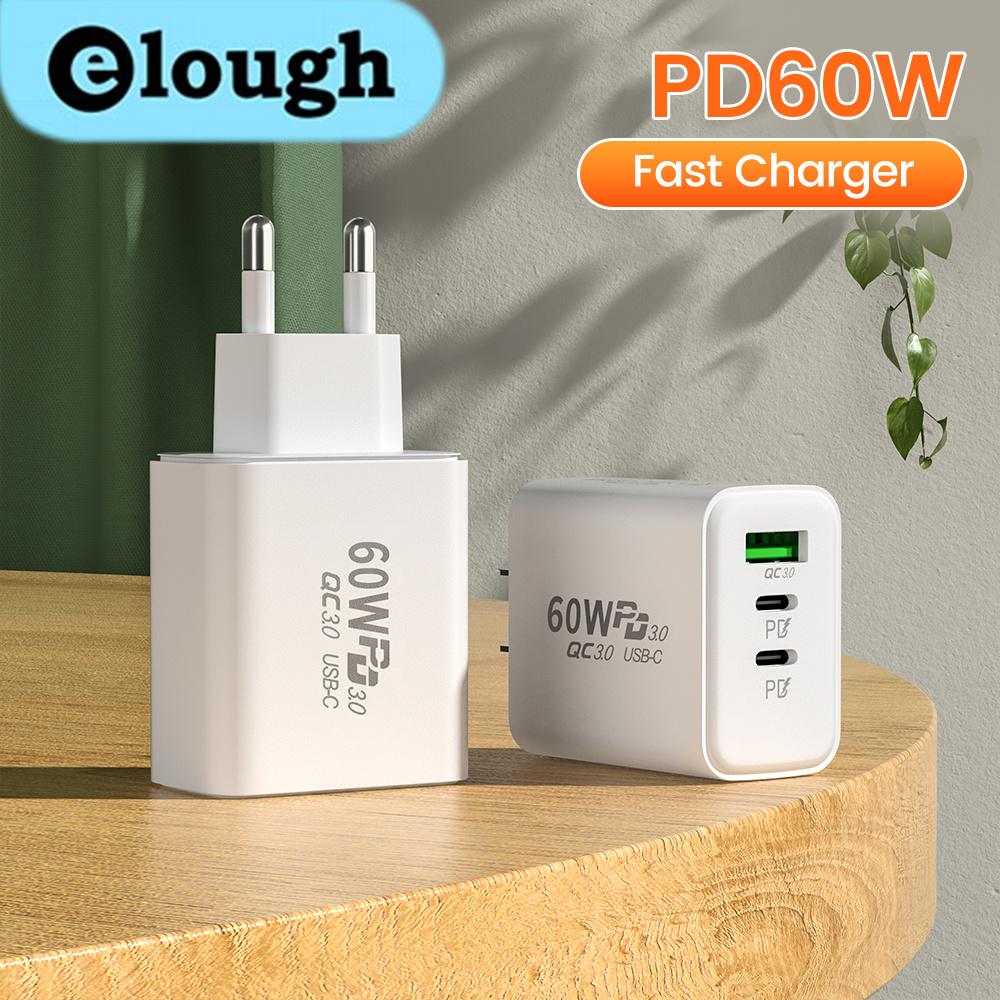 ที่ชาร์จติดผนัง, Elough, QC3.0 PD60W, USB C, เหมาะสำหรับ Samsung, Xiaomi, iPhone 11/12/13/14/15, ที่