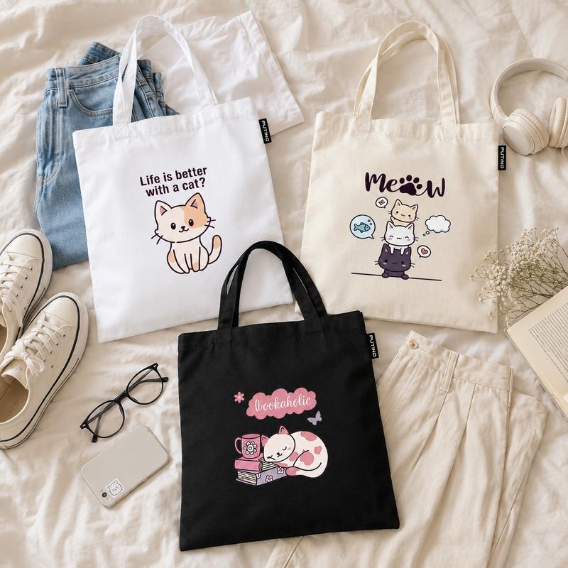 Túi Canvas TOTE in hình MEO CUTE có khóa kéo Putino