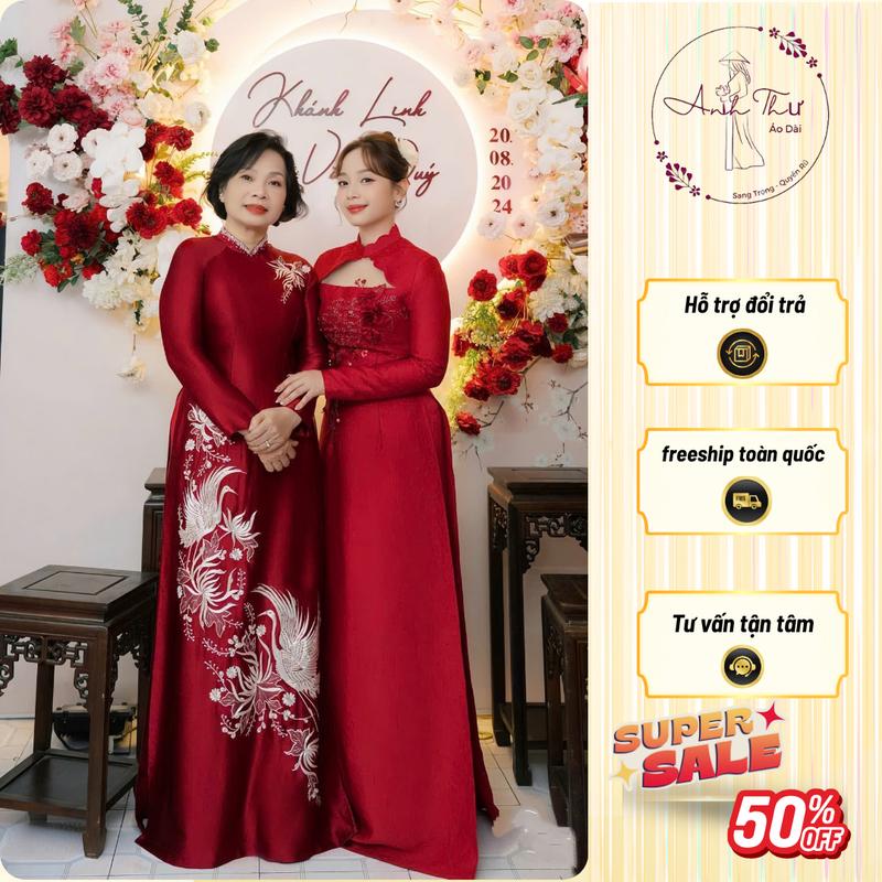   Đỏ  Áo dài lụa RUBY thêu lắc tay chỉ kim tuyến cổ truyền thống đính kết đá và pha lê cao cấp 