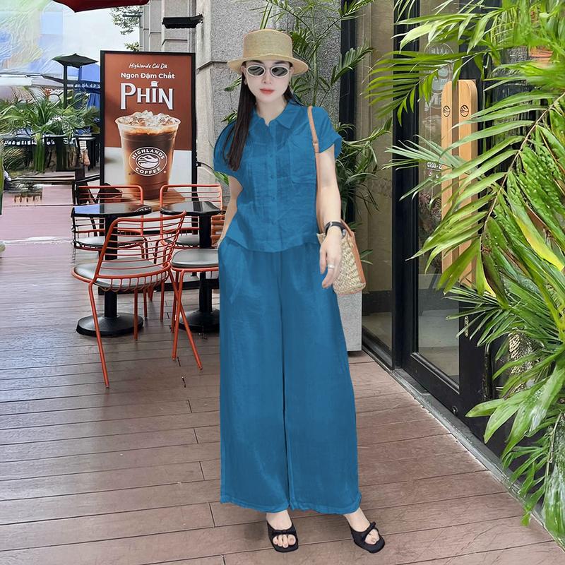 Set đồ Sơ Mi Thu, Set mặc đẹp sang chảnh chất liệu đũi tơ xước thêu nổi, đồ bộ trung niên xinh quần ống suông lưng thun phía sau