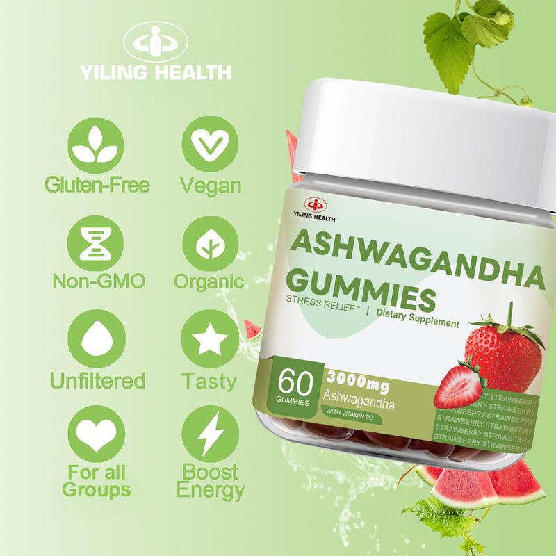 Kẹo cao su Ashwagandha, Yiling, 3000 mg Chiết xuất gốc Ashwagandha có hiệu lực cao, với Vitamin D2, dành cho nam và nữ, Hương vị dâu tây, 60 Đếm (Gói 1) kẹo  dẻo 1