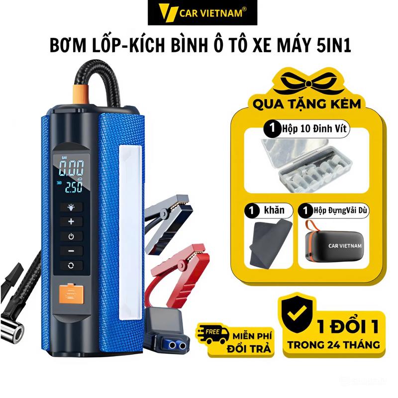  Bơm Lốp Kích Bình CAR VIETNAM 5in1 Pin LI-PO 16000mah 12V - Kiêm Sạc Dự Phòng  Đèn Pin Chiếu Sáng Đo áp suất lốp Model 2025 Lỗi Đổi Mới 
