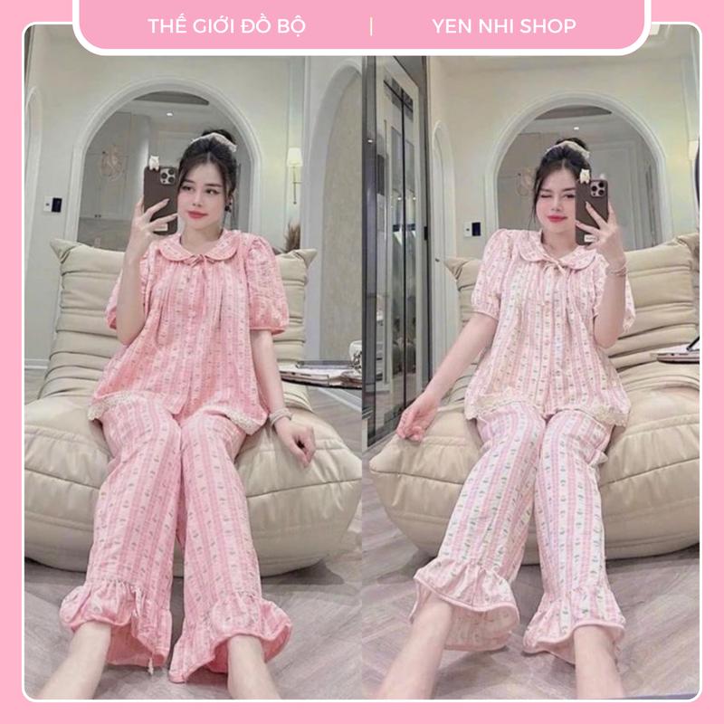 ( BigSize48-90kg)[KHÔNG RÚT VẢI Đồ Bộ Nữ Mặc Nhà Mặc Ngủ BỘ DÀI BÈO ÁO CỔ SEN Dễ Thương Chất Đũi Lạnh Cao Cấp