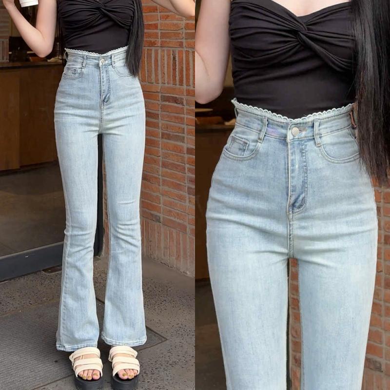 [ ZINLY SHOP ] Quần Jean Nữ Ống Loe Phối Ren Có Fom Ngắn 95Cm Và Dài 105Cm Màu Xanh Nhạt Phủ Bụi Vải Co Giản Mềm Mát QQ412