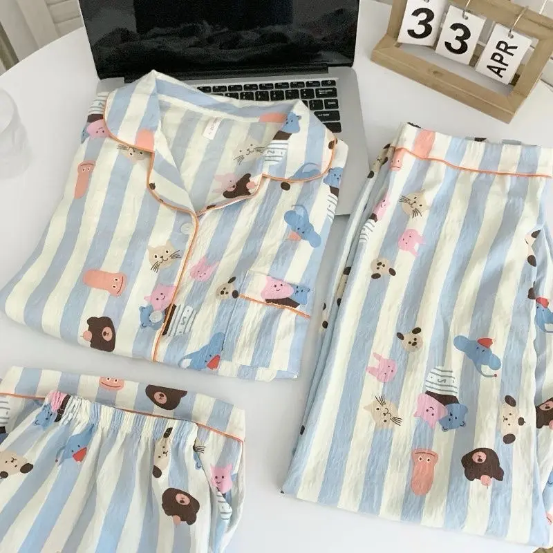 (Kèm charms) bộ pijama cho nữ dễ thương combo 3 chi tiết (áo+quần dài+quần đùi) chất cotton mềm nhẹ hàng Quảng Châu