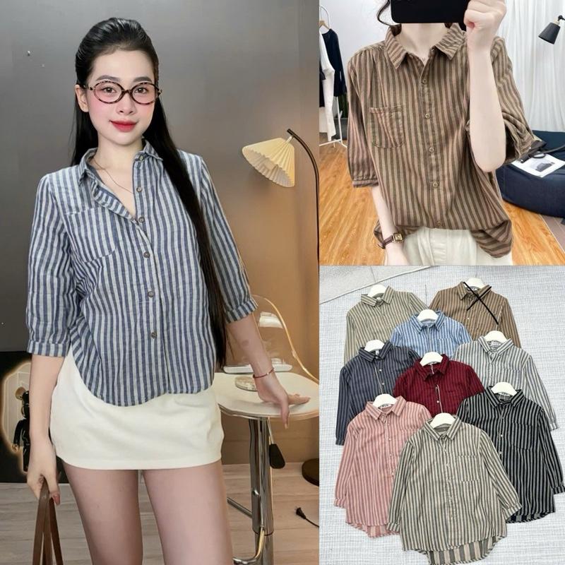 Sơ Mi Tay Lỡ Kẻ Sọc Nhiều Màu Có Túi Ngực Phong Cách Thanh Lịch Trẻ Trung Nhẹ Nhàng Dễ Mặc Dễ Mix  Đi Làm Đi Chơi Không Lỗi Mốt TOP WOMEN By TH