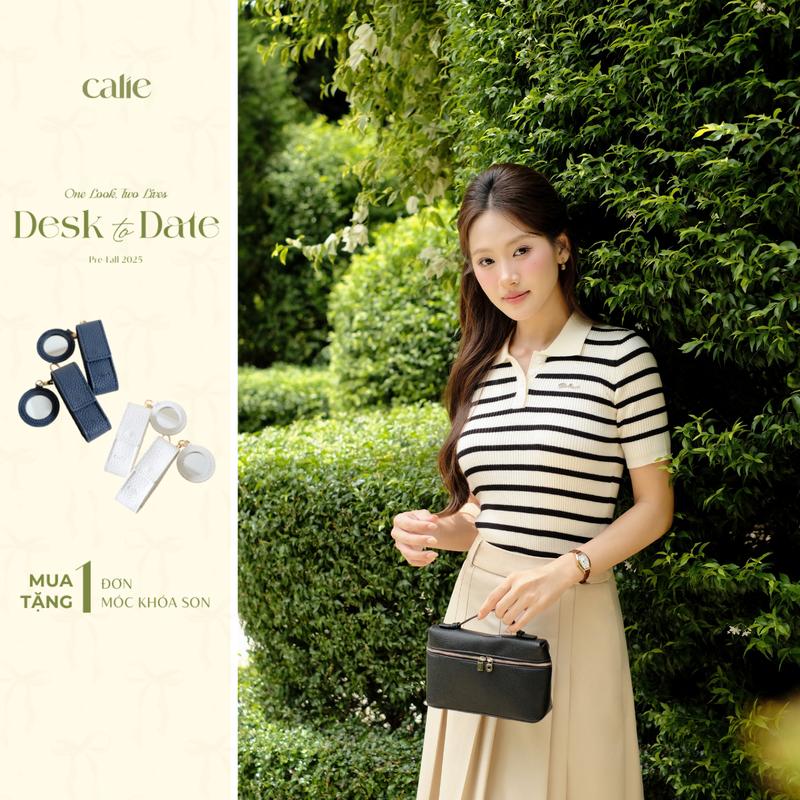 (Desk to Date) Áo dệt kim polo kẻ sọc, chân váy dáng xòe xếp ly kép, chất liệu cao cấp, mềm mát, thanh lịch thời trang Calie AF180 CX091