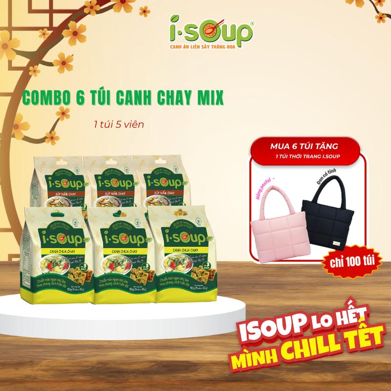 COMBO 6 TÚI CANH CHAY MIX ISOUP 3 CHUA CHAY - 3 SÚP NẤM CHAY - Canh Ăn Liền Sấy Thăng Hoa