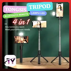 Tripod Tongsis Lampu LED Selfie Remote Bluetooth 4in1 Multifungsi R1S Bisa untuk Ponsel Handphone Smartphone Lengkap Holder Lampu Panjang 70cm Aluminium Kamera Stainless Wireless ring light murah konten affiliate tripot kokoh tongkat hp