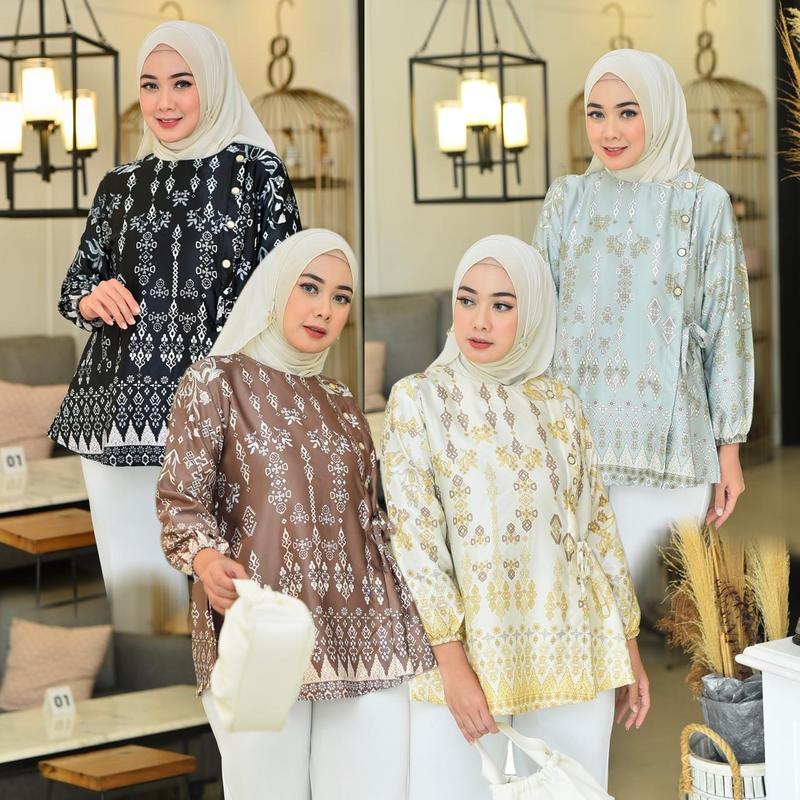 Atasan Medina | Blouse Wanita Terbaru Bahan Silk Premium | Atasan Wanita Resleting Belakang Real Peacth Motif Best Seller COD 0