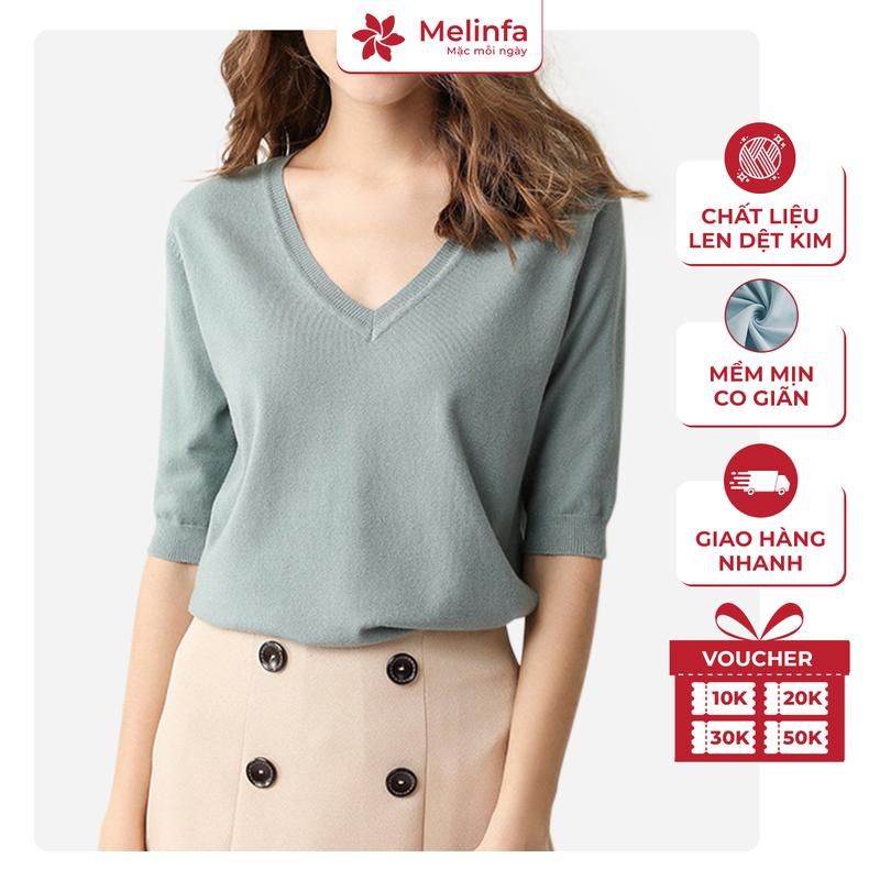  Melina Áo len cổ tim ngắn tay dệt kim vải Viscose mềm mại ấm áp thoáng khí mã VAA0264 cho mặc mỗi ngày 