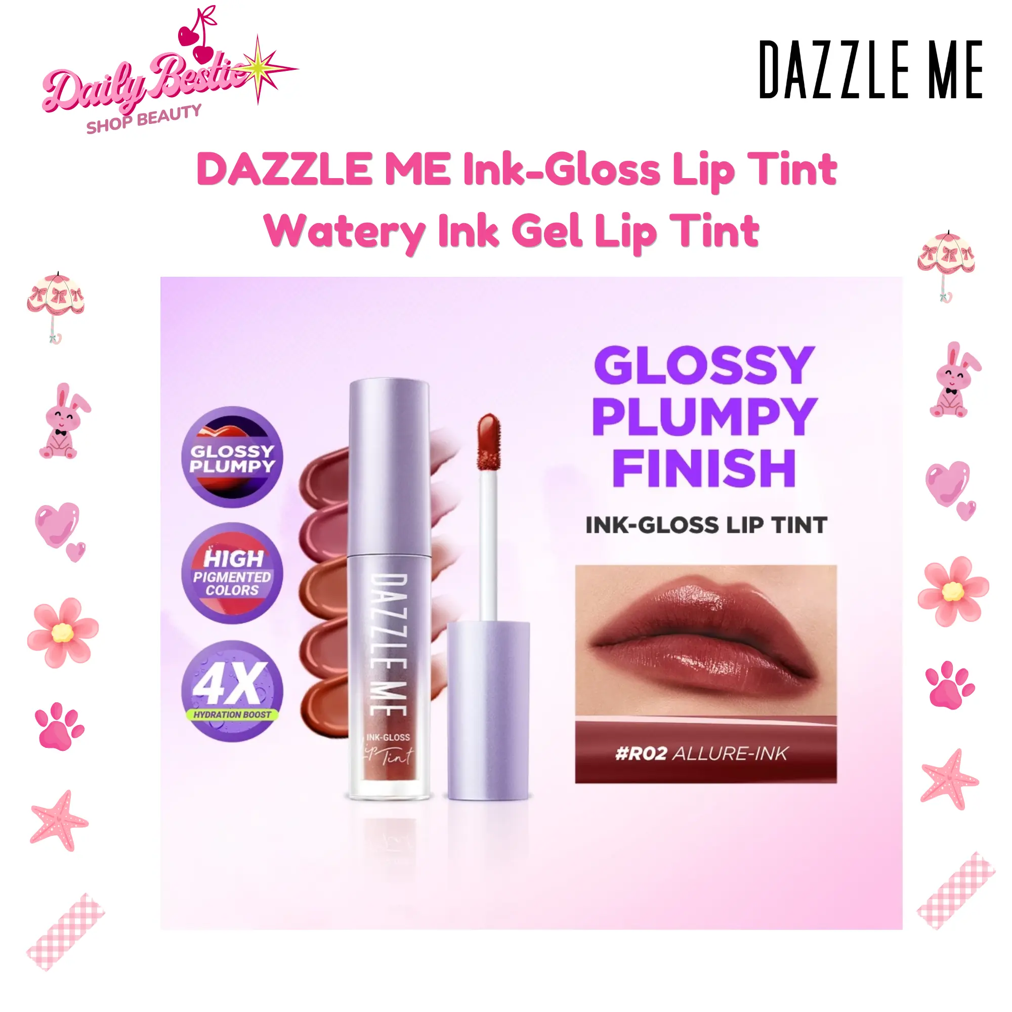 DAZZLE ME Ink-Gloss Lip Tint Watery Ink Gel Lip Tint Long Lasting Tahan 12 Jam Hydrating